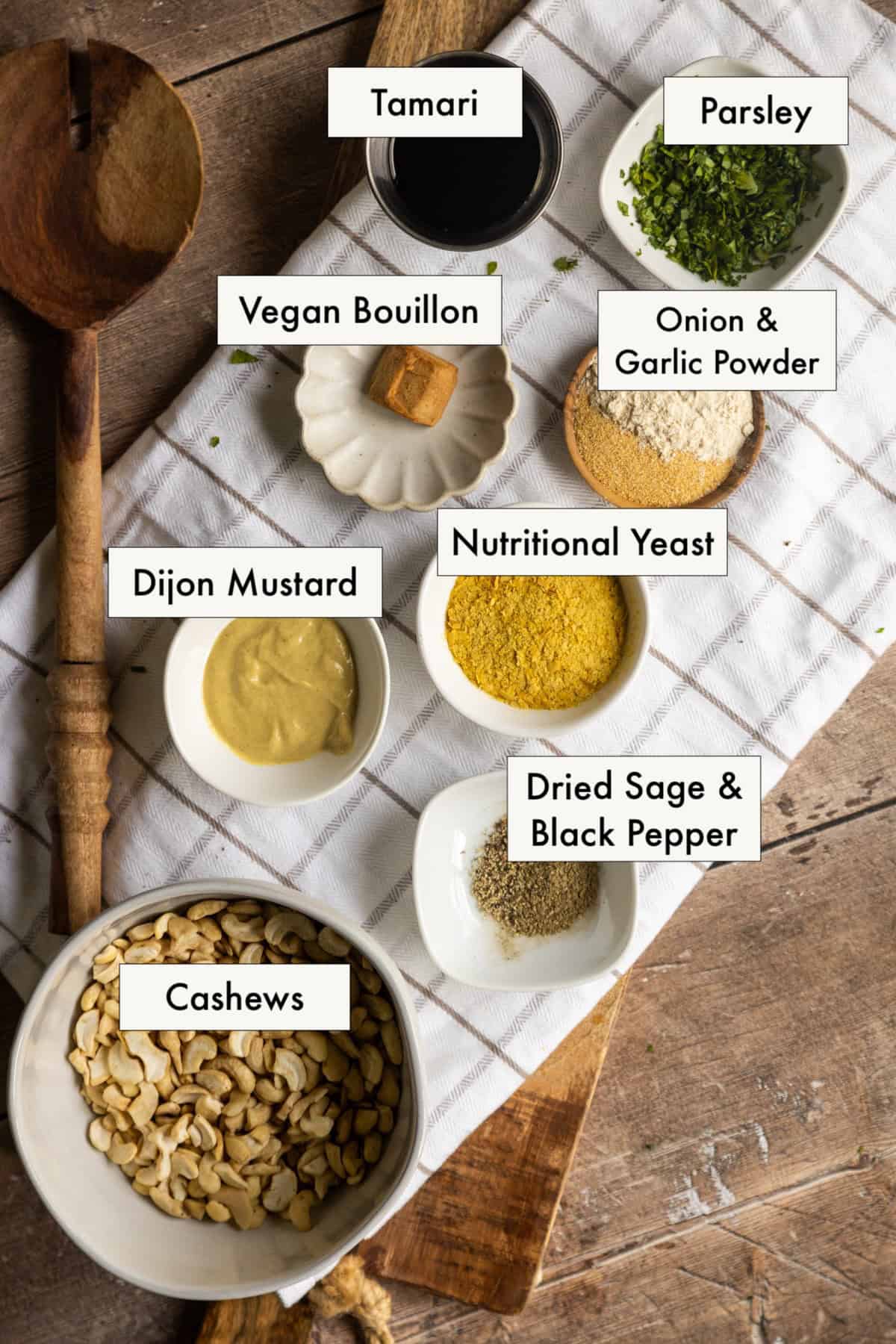 Ingredients for cashew gravy recipe laid out on a counter.