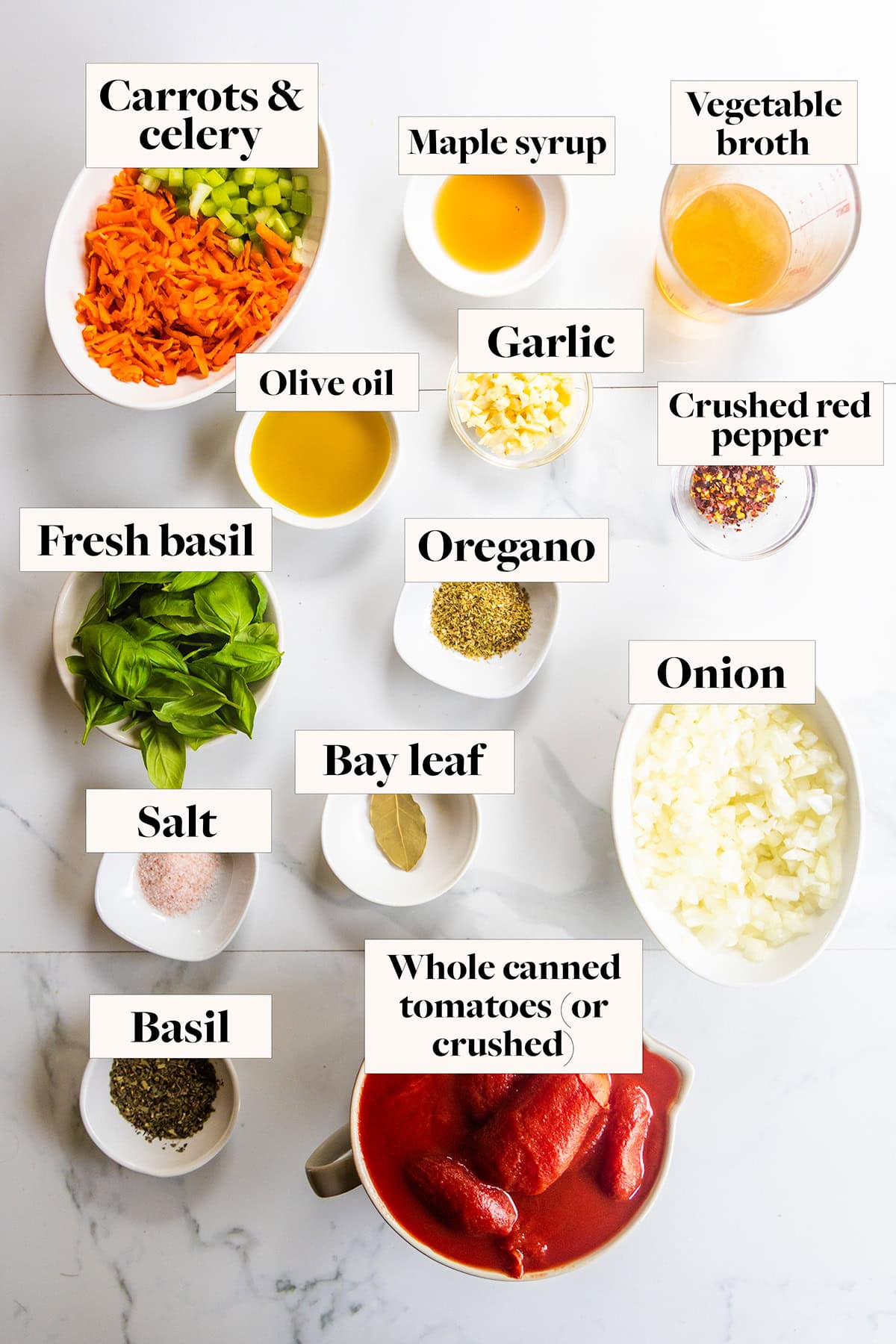 Labeled ingredients in bowls.