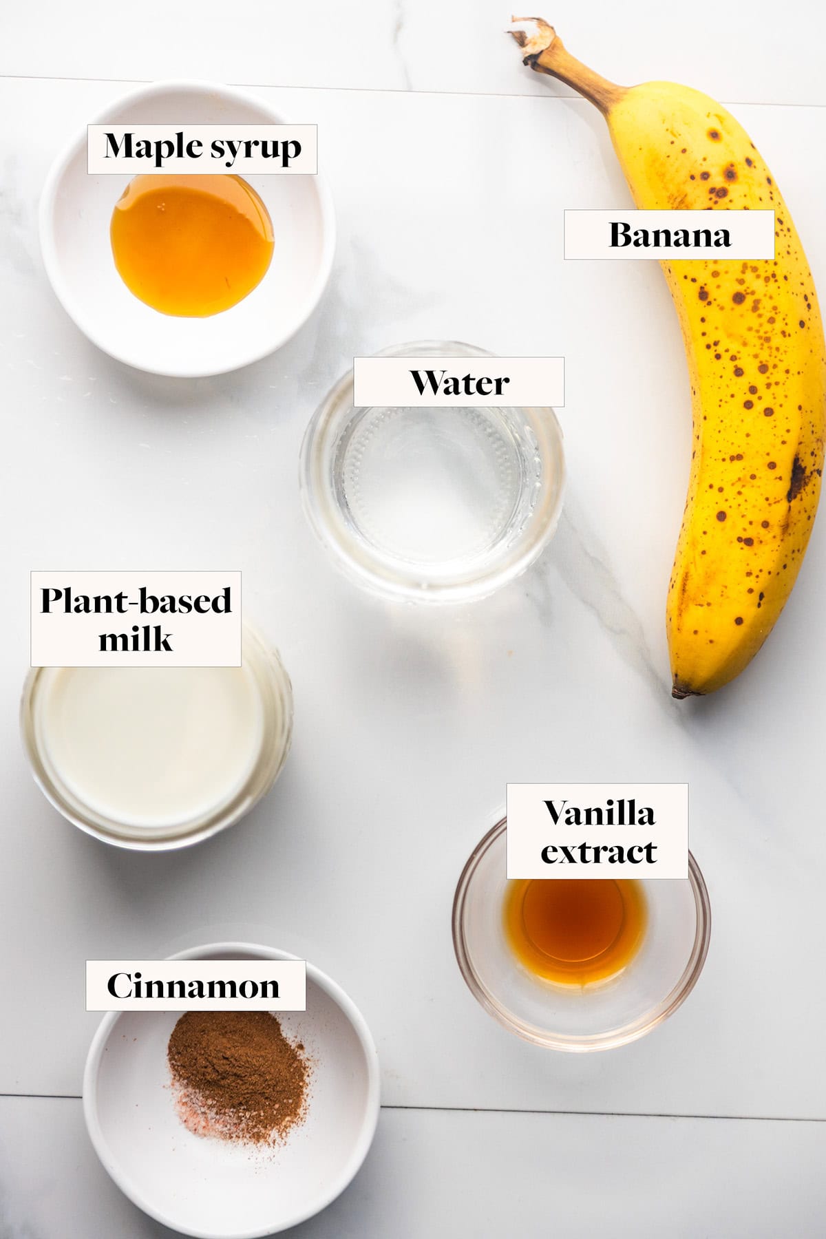 Ingredients in labeled bowls.