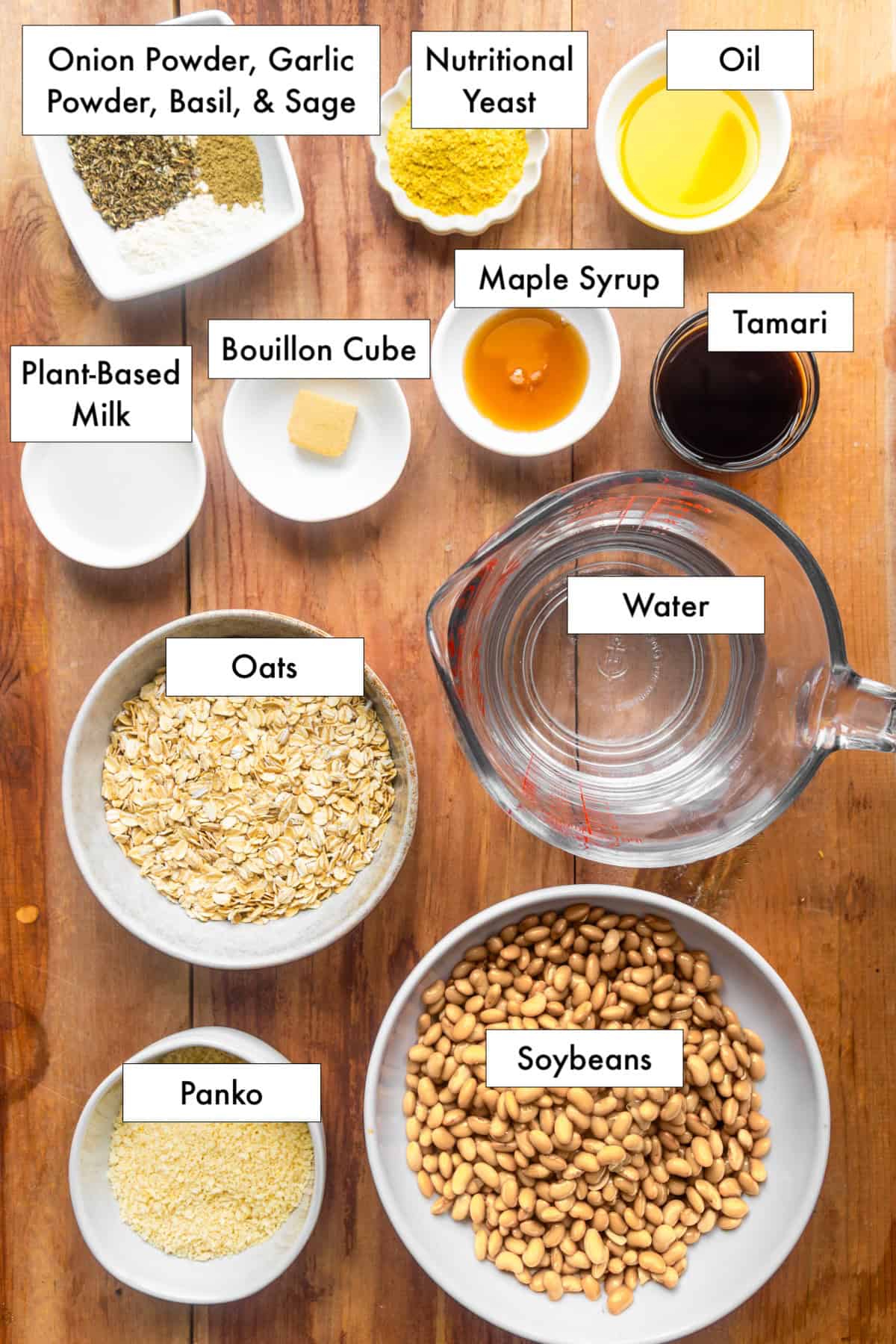 Ingredients for homemade soy burgers recipe on a counter.