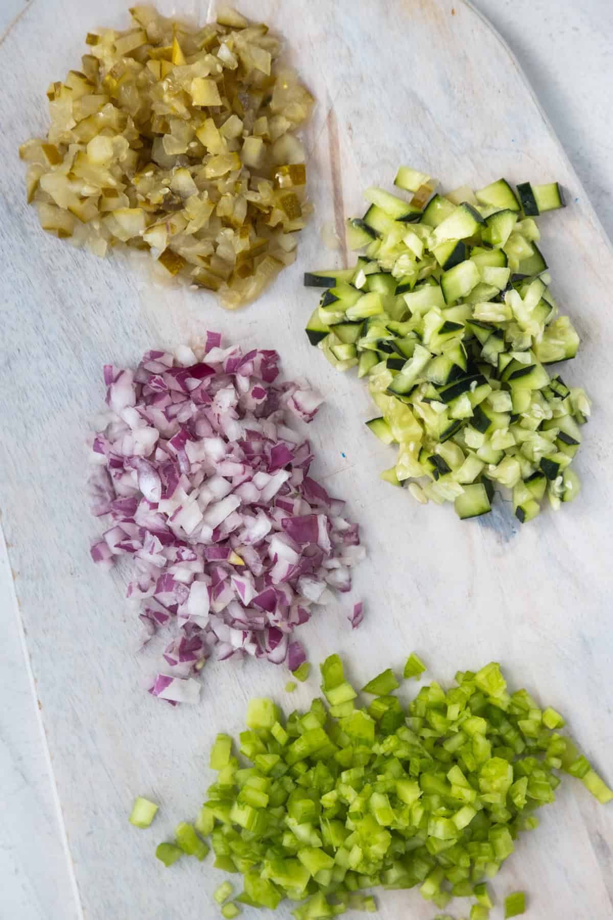 Overhead view of chopped veggies.