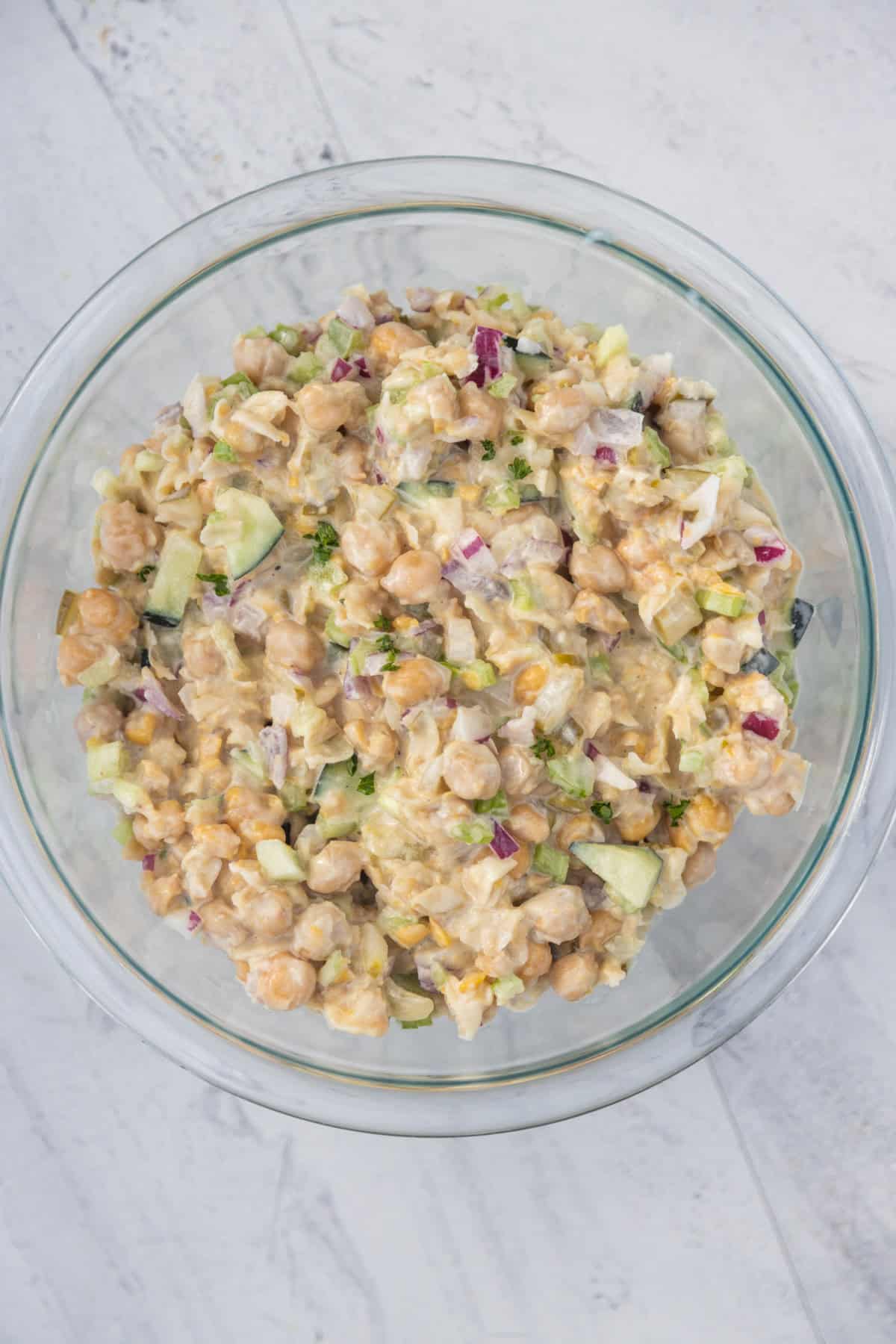 Chickpea salad for a chickpea salad sandwich in a bowl.