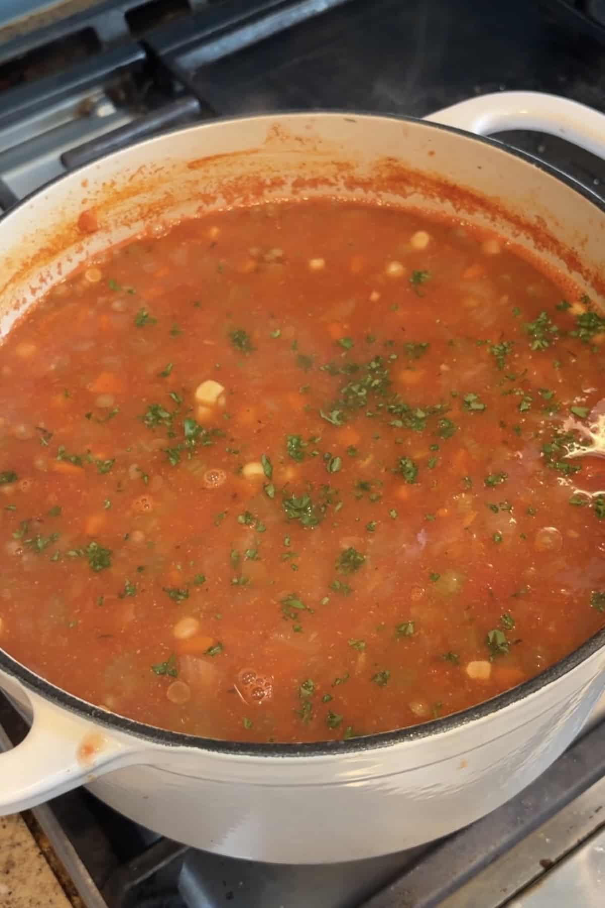Finished tomato lentil vegetable soup recipe in a dutch oven.