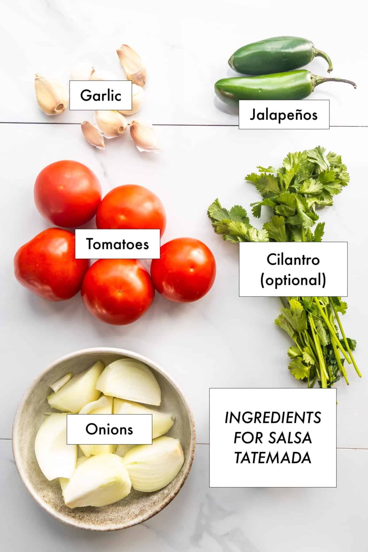 Ingredients for salsa tatemada on a counter in labeled bowls.