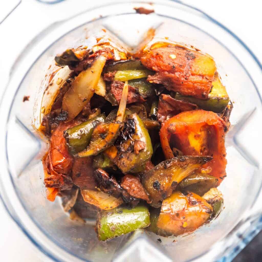 Roasted veggies in a blender.