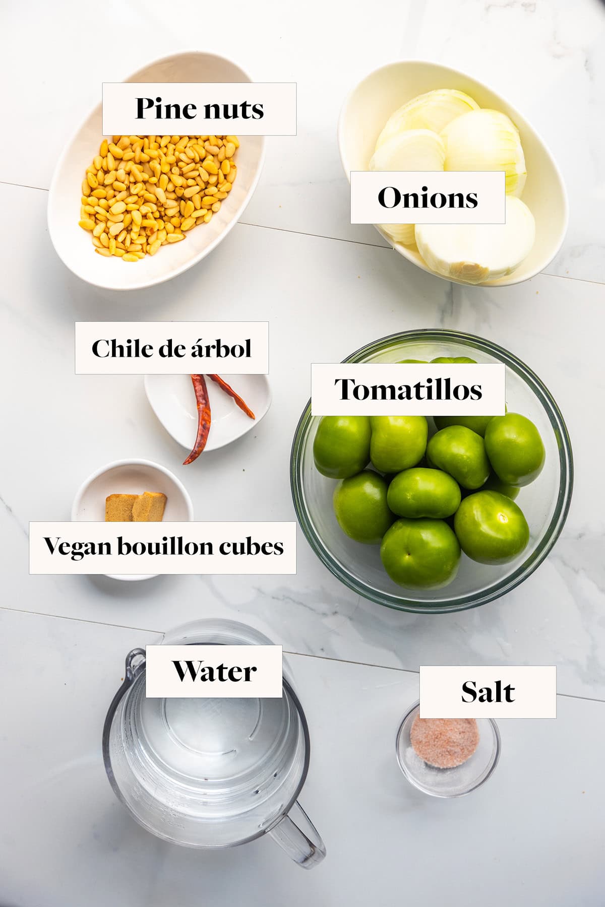 Labeled ingredients in bowls.