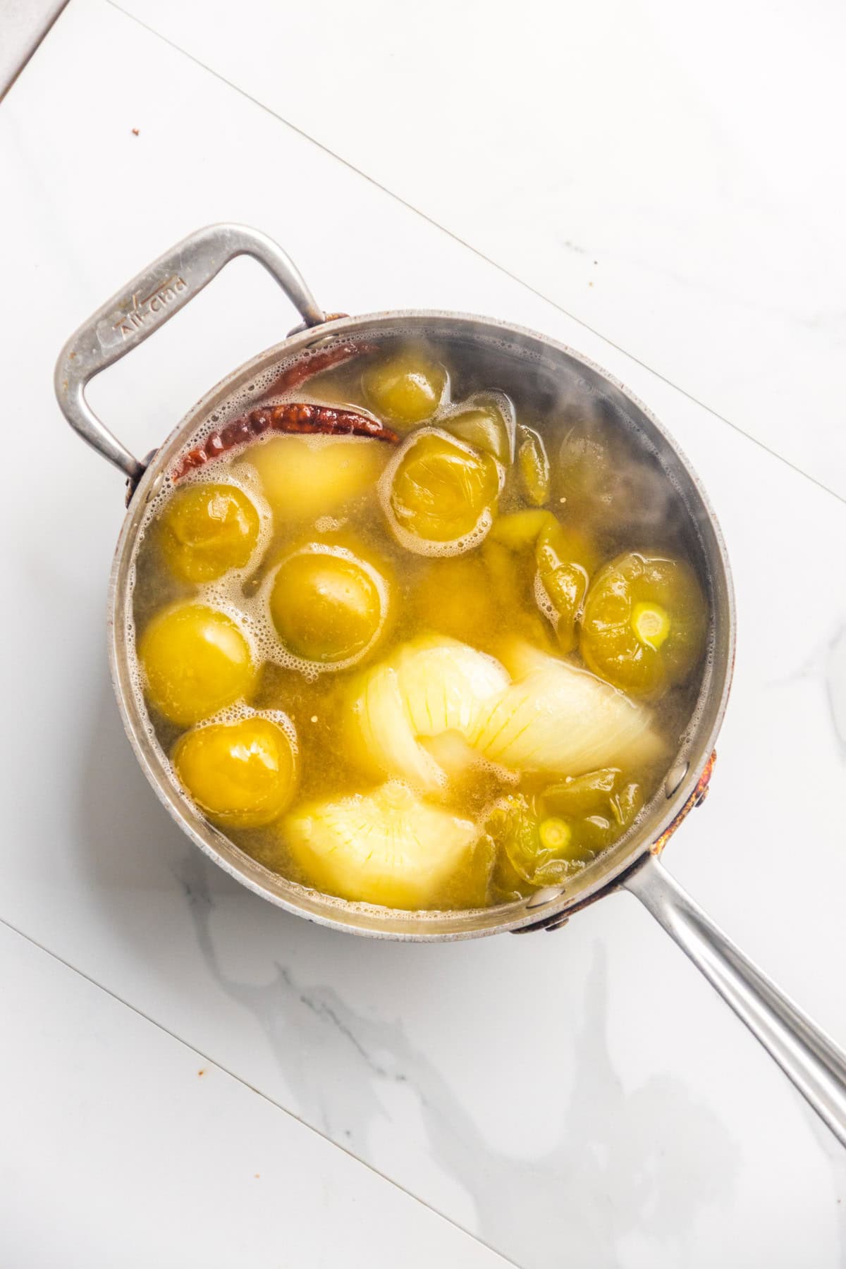 Boiled ingredients in a pot.