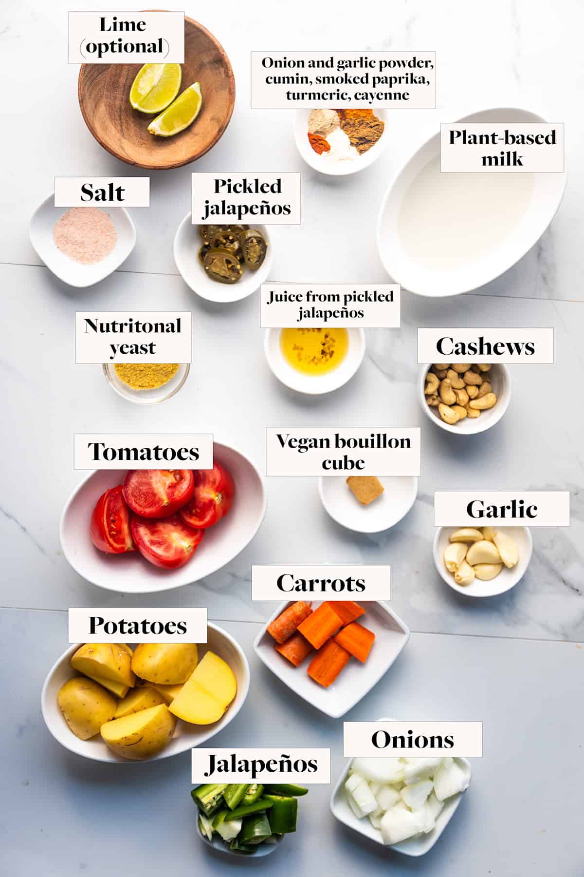 Labeled ingredients in bowls.