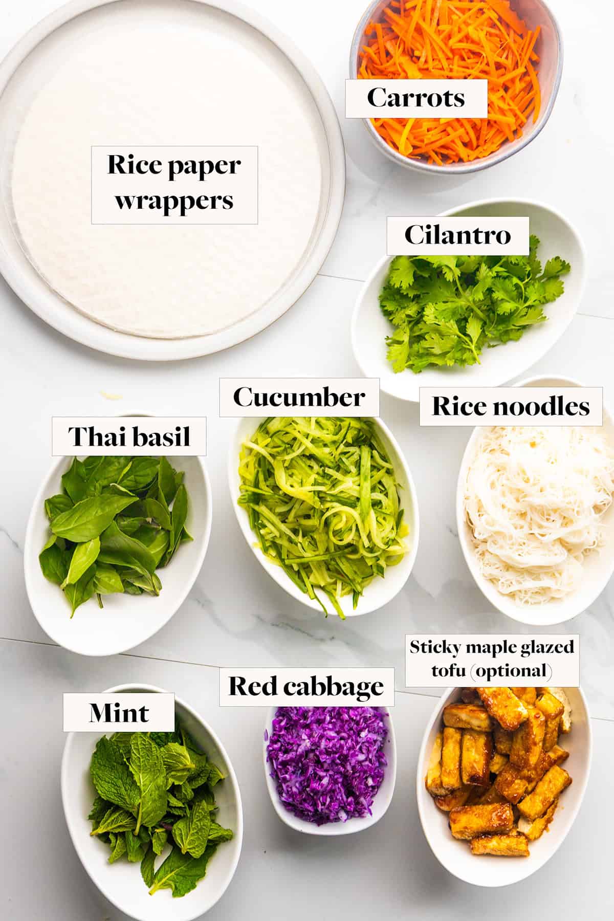 Labeled ingredients in bowls.