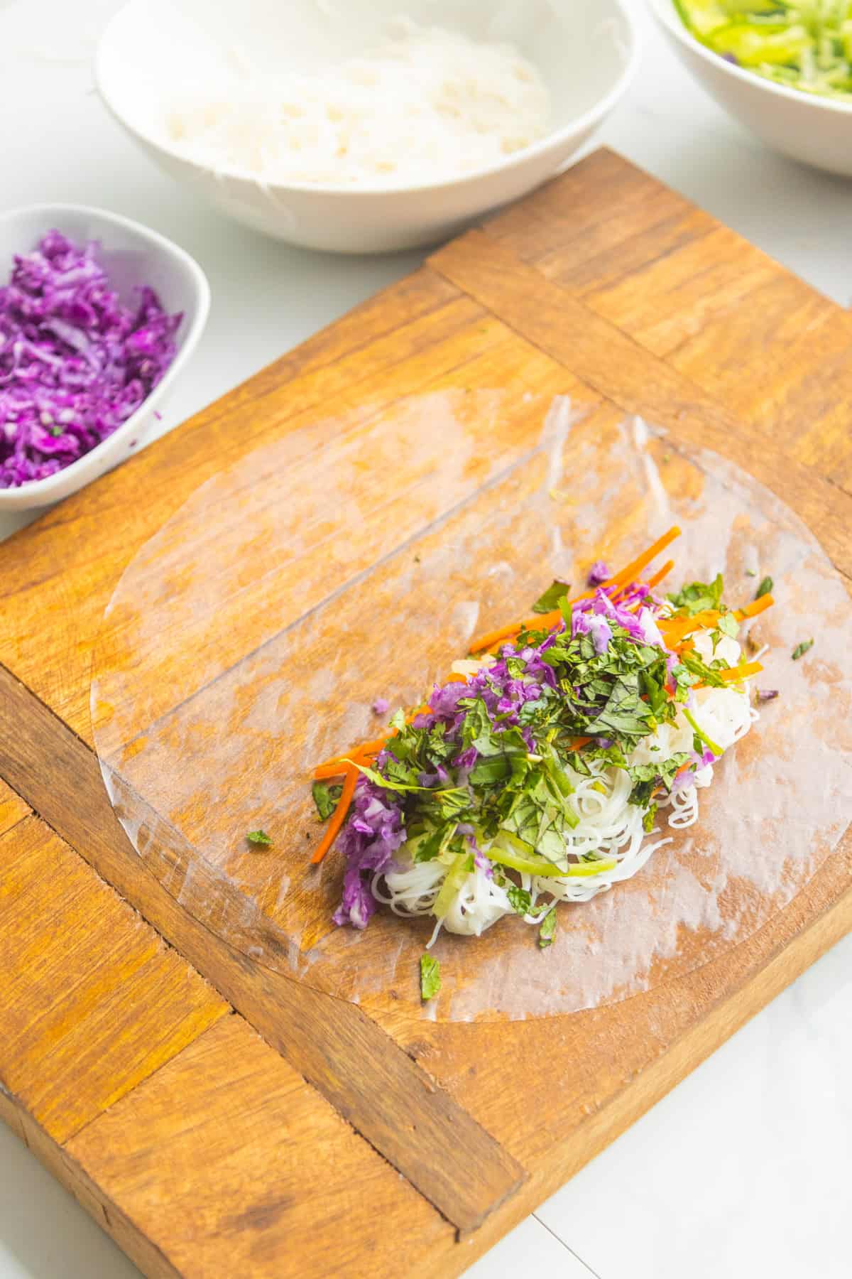 Spring rolls filling on rice paper.
