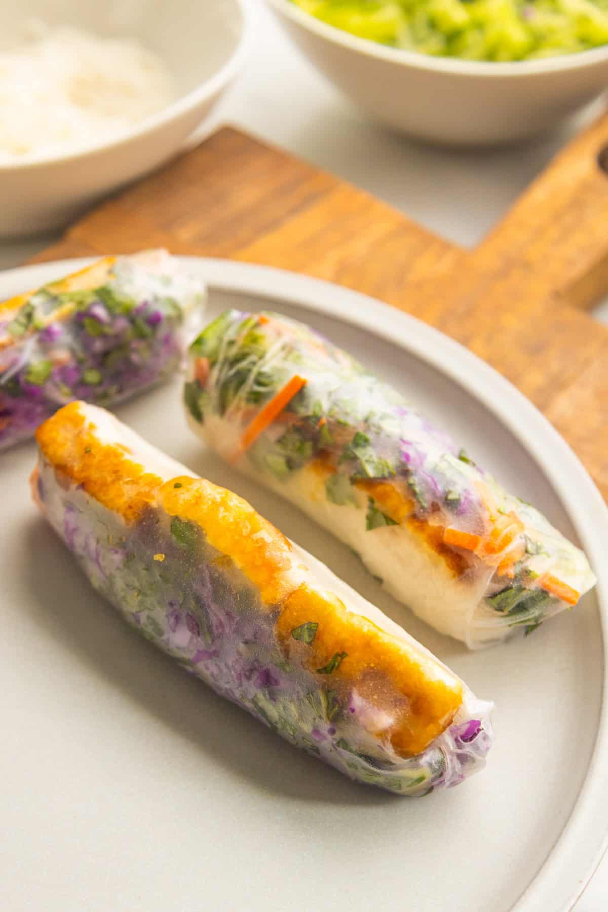 Vegan spring rolls on a plate.