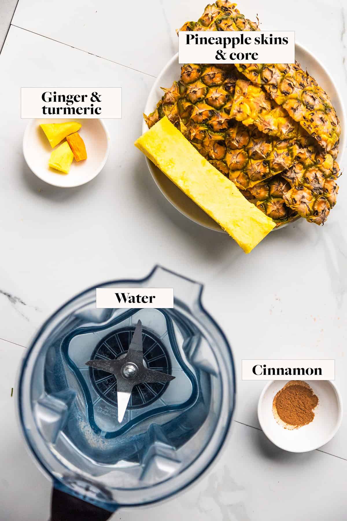 Overview of ingredients for pineapple skin tea in labeled bowls.