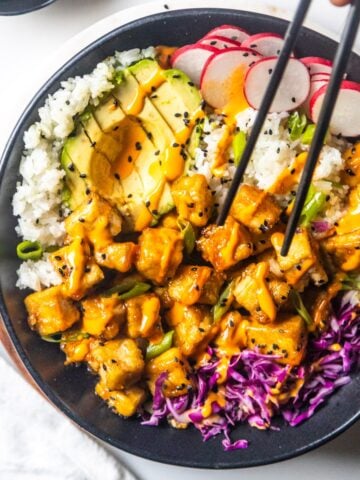 Sticky maple glazed tofu bowls