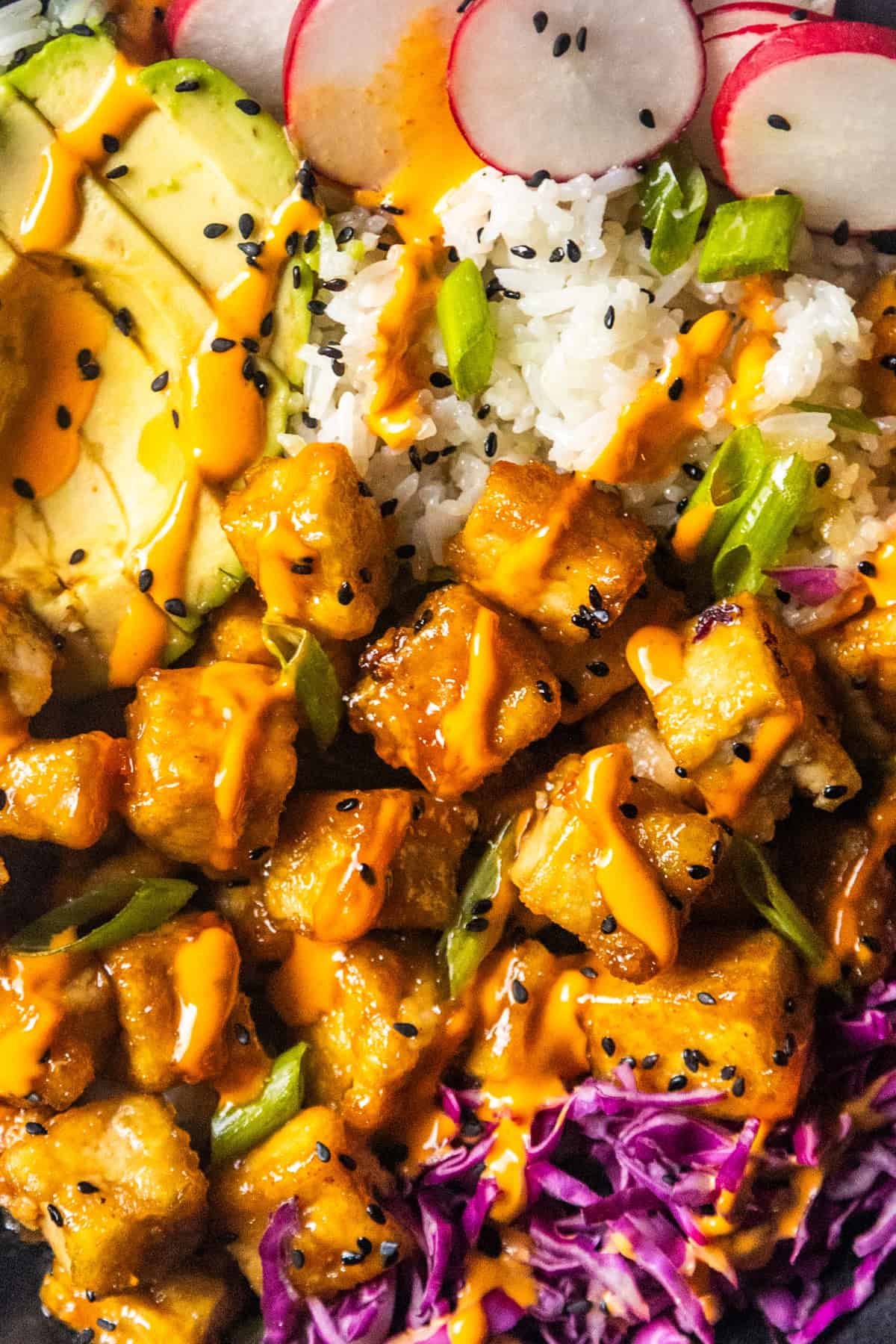 Tofu bowl with avocado, rice, radishes, and chipotle sauce.