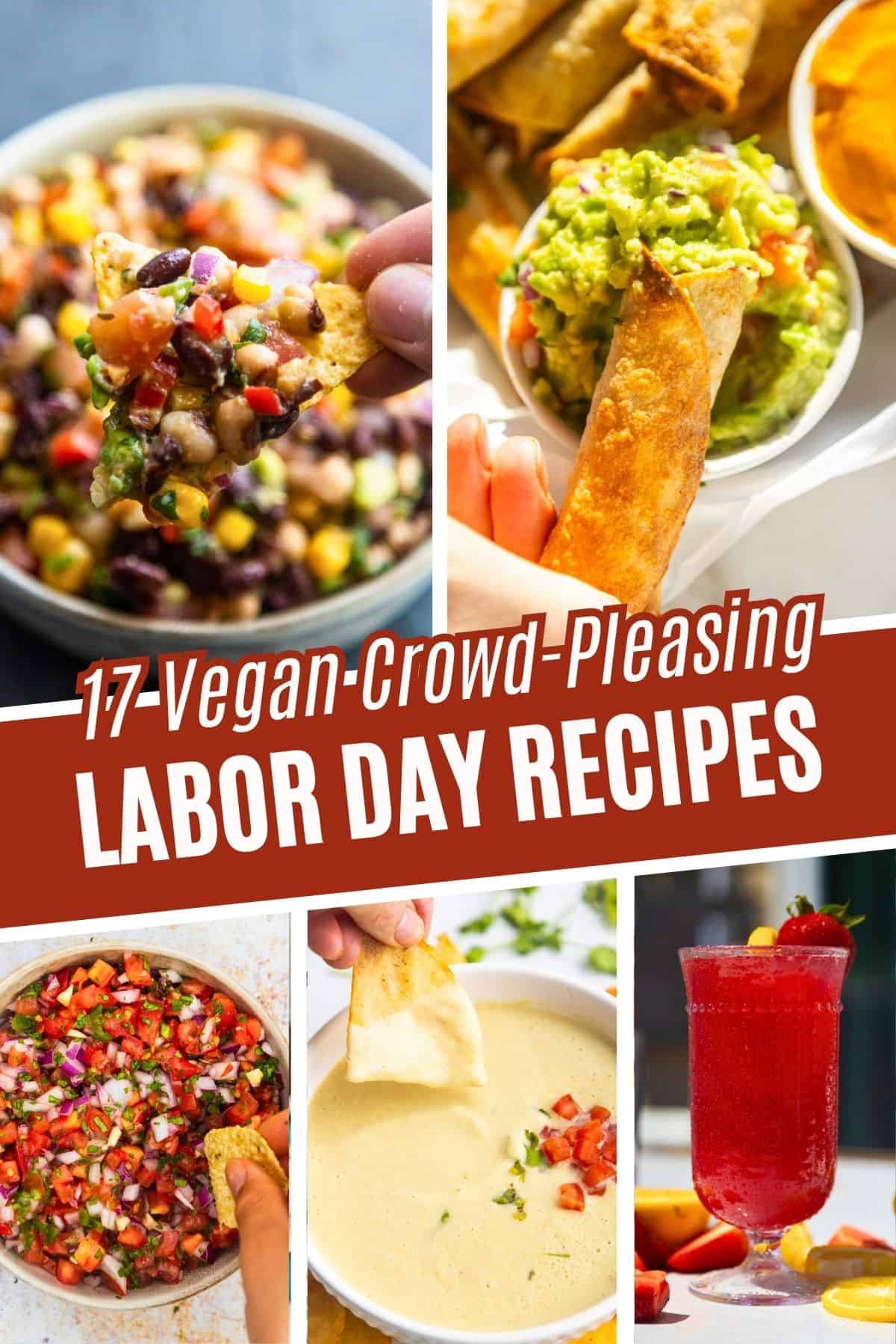 Collage of Labor Day dips, salsas, and drinks.