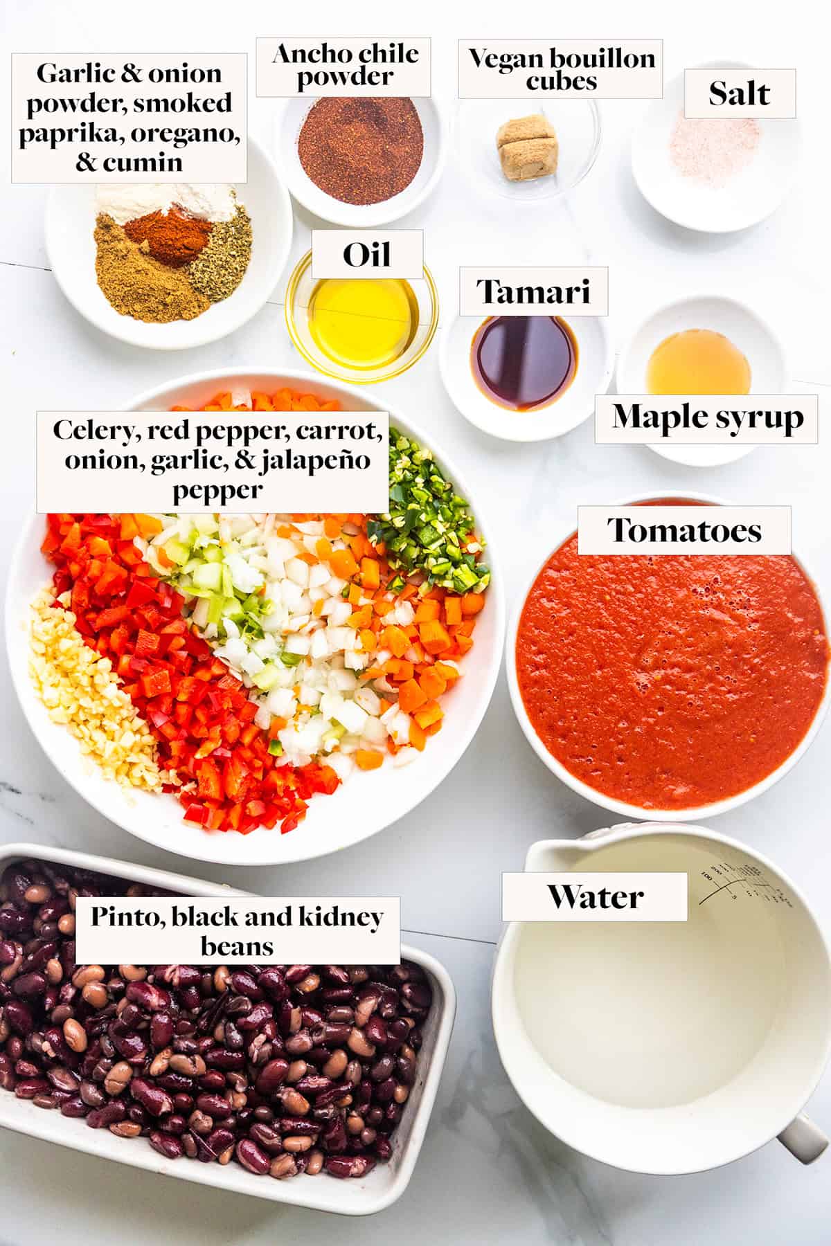 Ingredients for vegan chili in bowls.