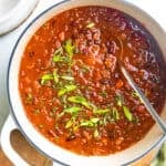 Vegan chili in a dutch oven.