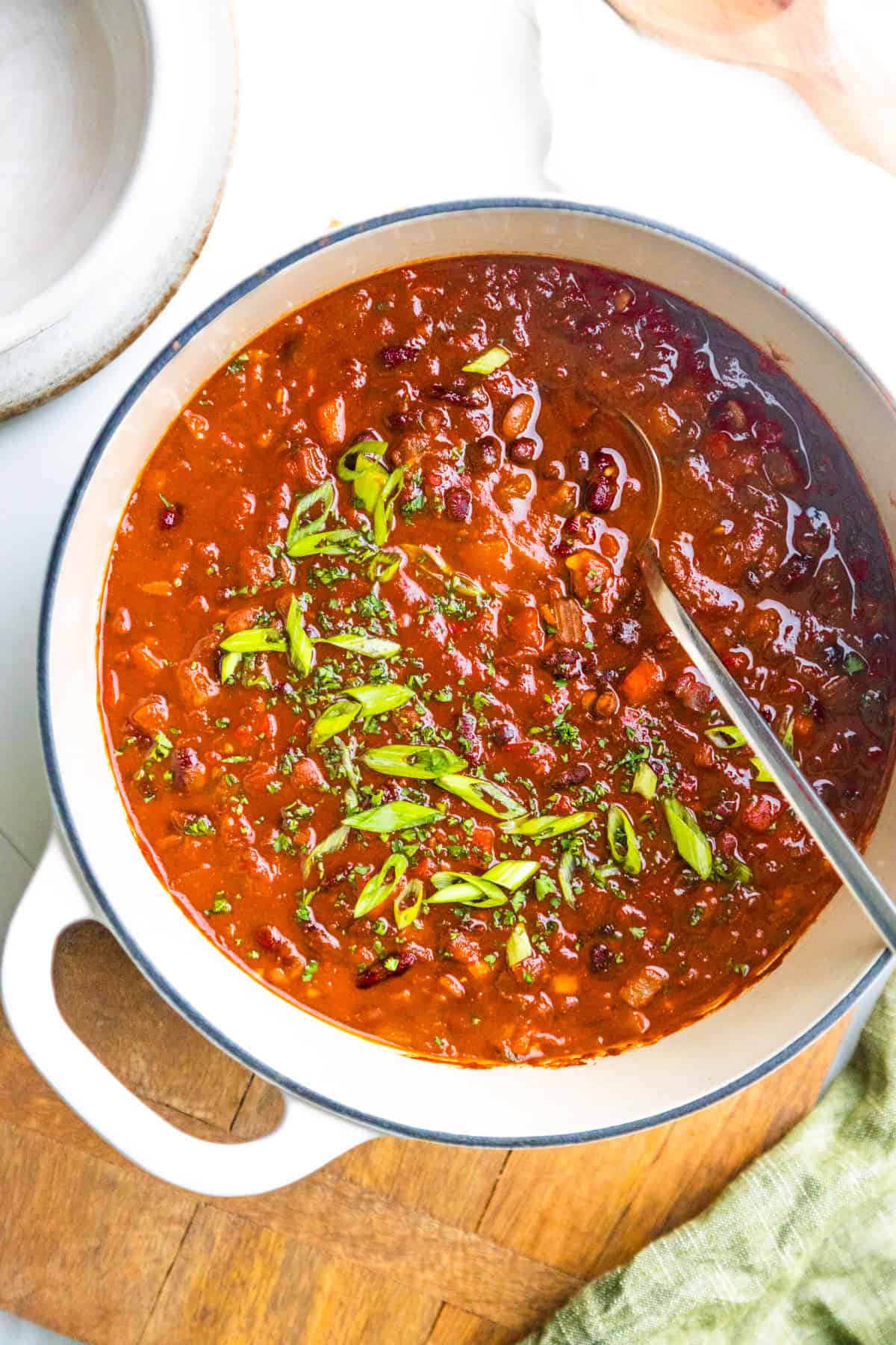 Vegan chili in a dutch oven.