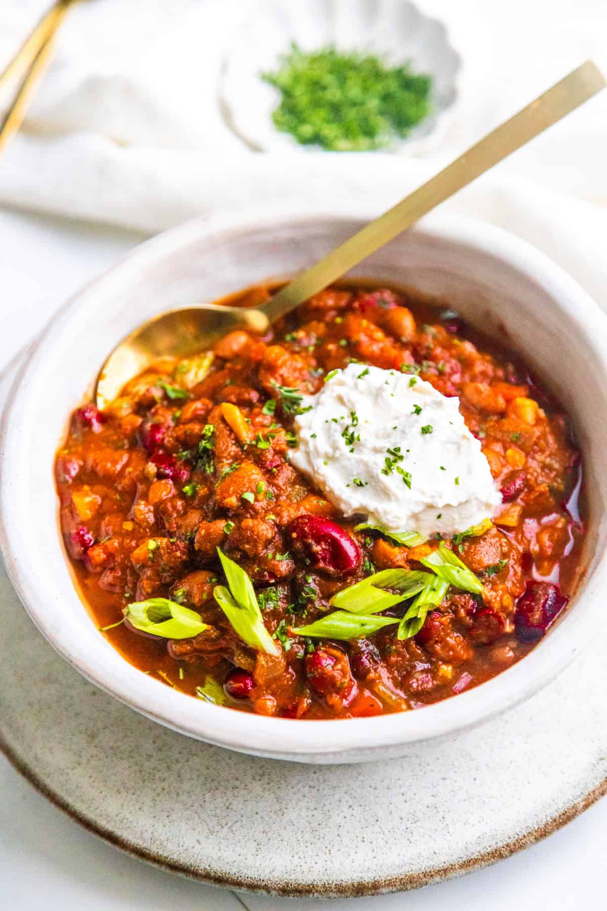 One pot easy vegan chili in a bowl.