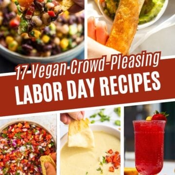 Collage of Labor Day recipes, dips, salsas, and drinks.