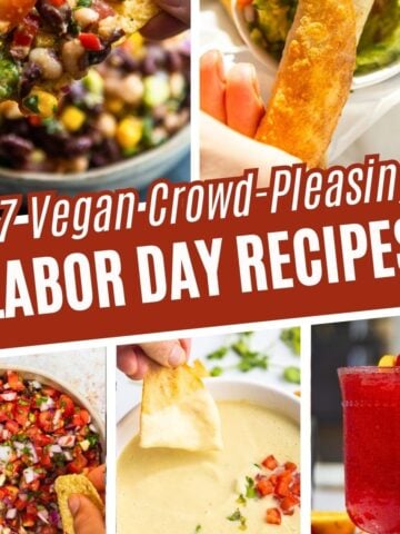 Collage of Labor Day recipes, dips, salsas, and drinks.