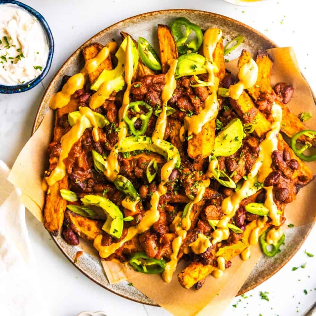 Loaded vegan chili sweet potato fries.