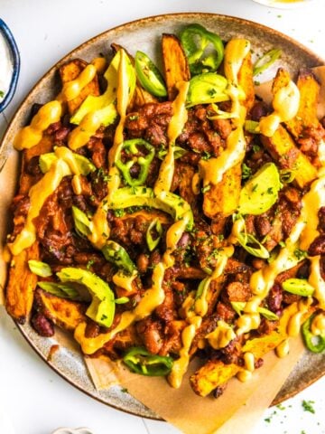 Loaded vegan chili sweet potato fries.