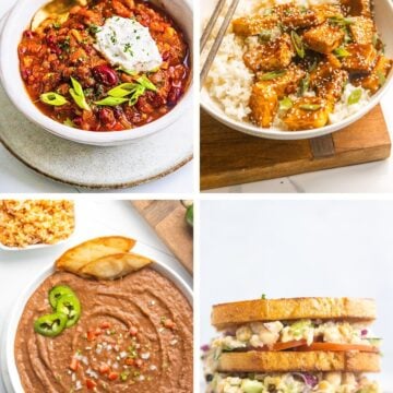 A collage of 4 vegan meal prep recipes.