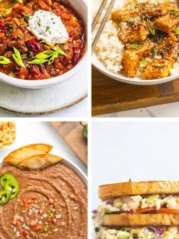 A collage of 4 vegan meal prep recipes.