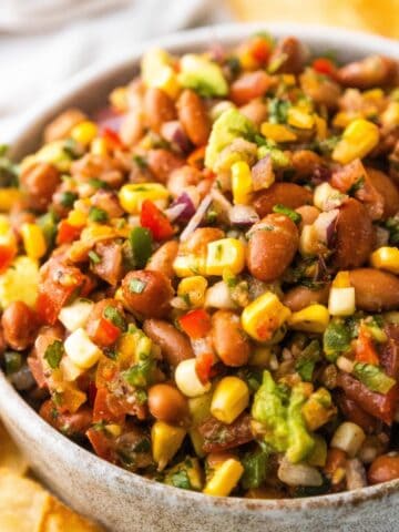 Pinto bean corn salad in a serving dish.