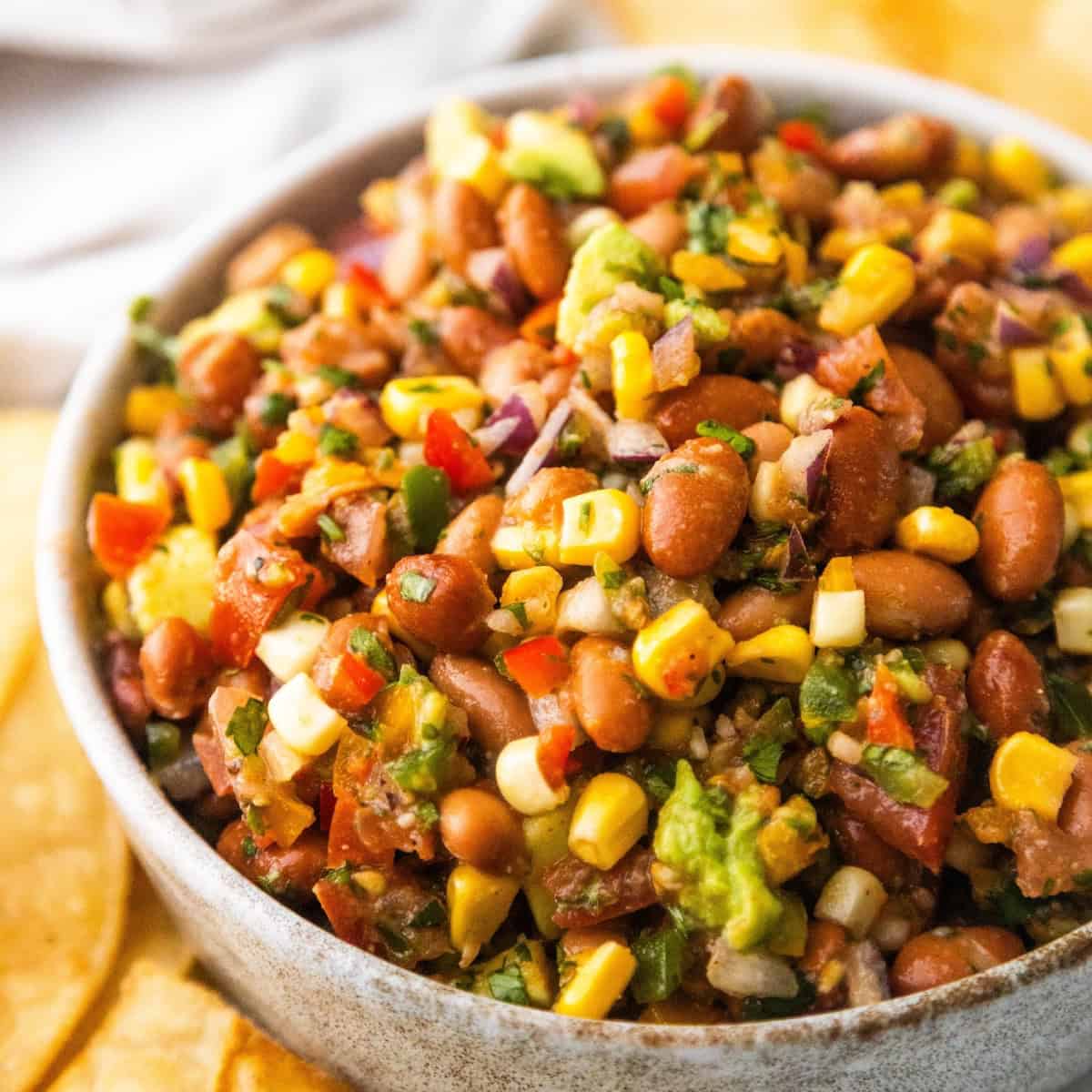 Pinto bean corn salad in a serving dish.