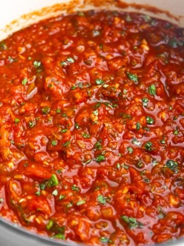 Veg loaded vegan spaghetti sauce in a dutch oven.