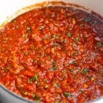 Finished veg loaded vegan spaghetti sauce in a dutch oven.