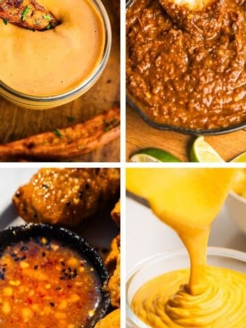Collage of vegan sauces.