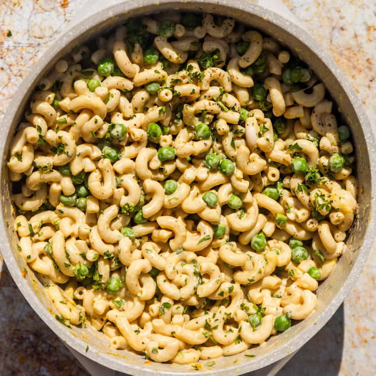 Garlic lovers' pasta salad in a bowl.