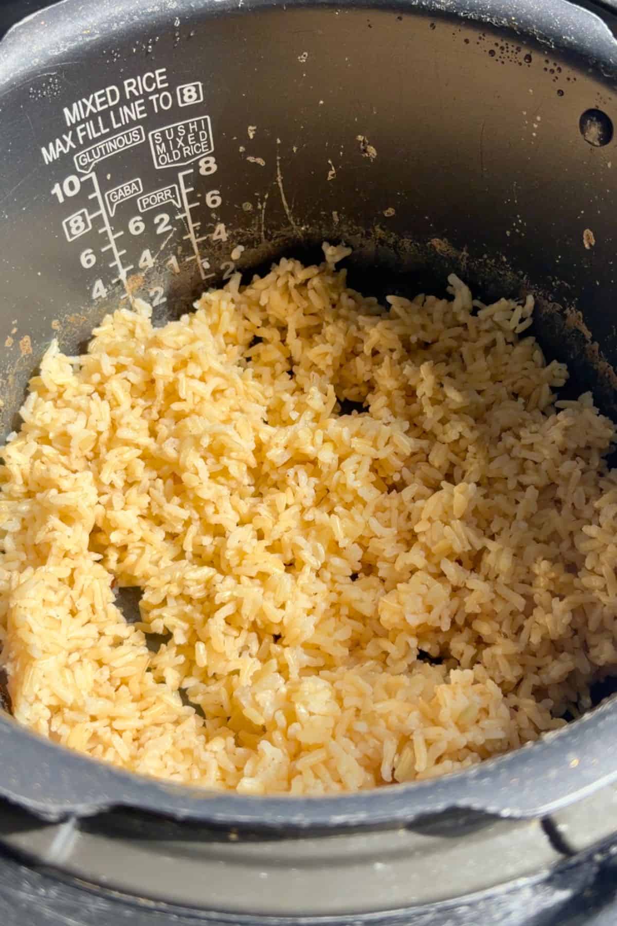 Cooked brown rice in a rice cooker.