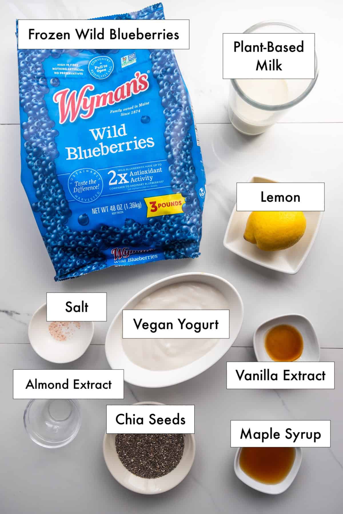 All ingredients needed to make lemon blueberry chia pudding on a counter.