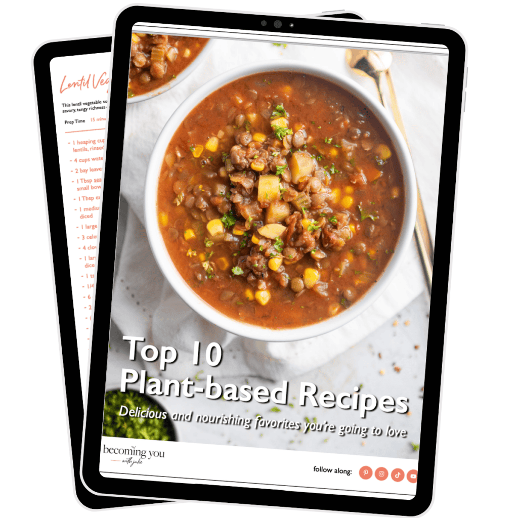 Cover of top 10 plant-based recipes eBook shown on a tablet.