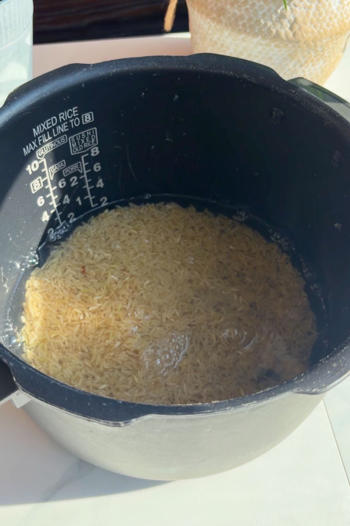 Uncooked brown rice, water, and salt, in a pot.