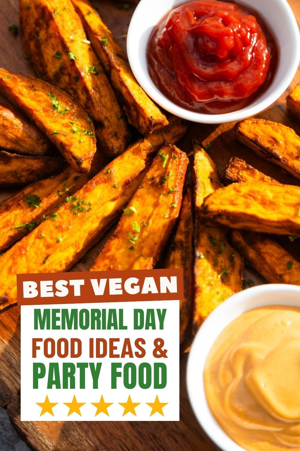 Air fryer sweet potato wedges on a wooden board with sauces on the side.