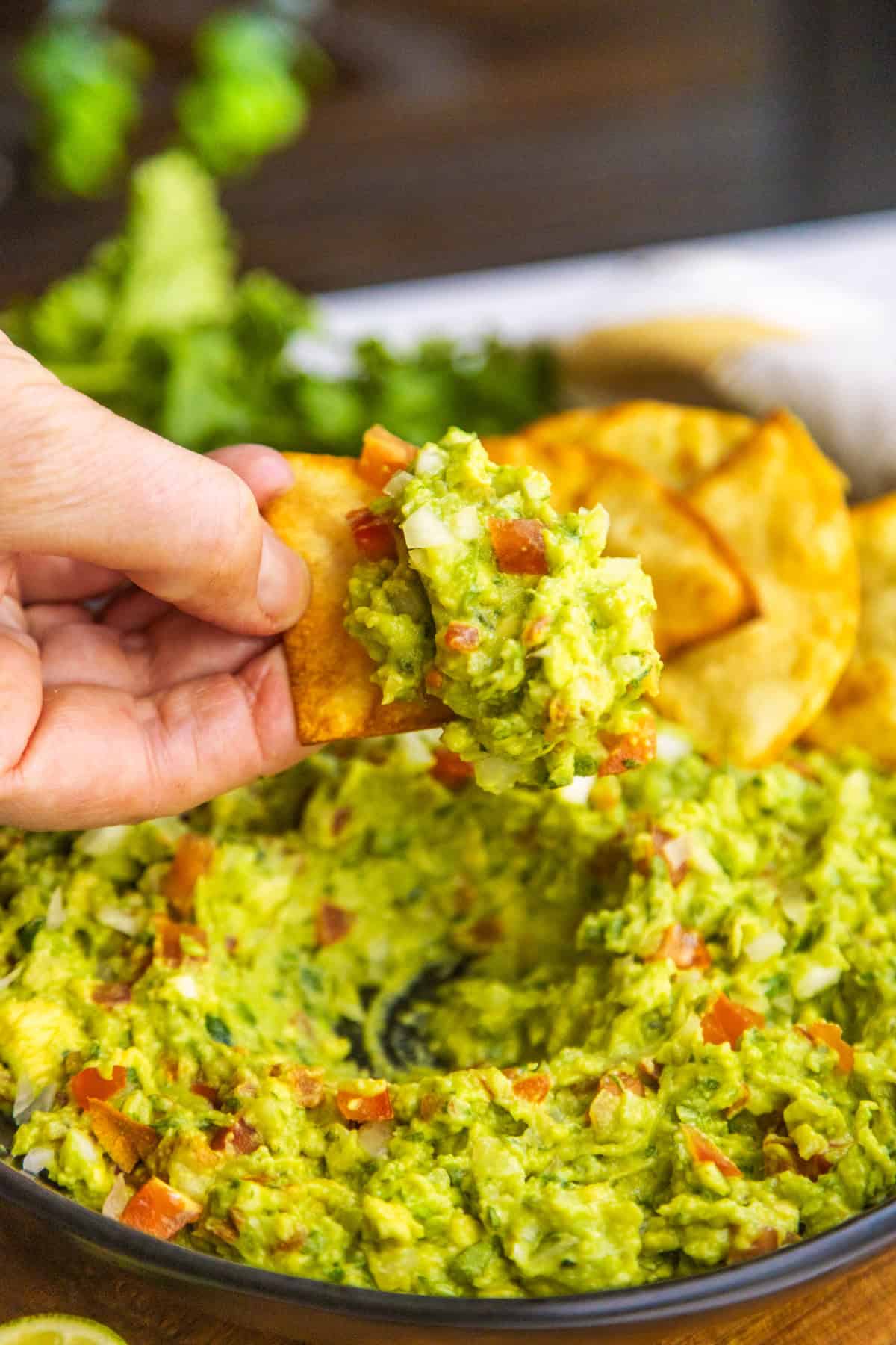 Chip dipping into a bowl of easy fresh guacamole with more chips and cilantro on the side.