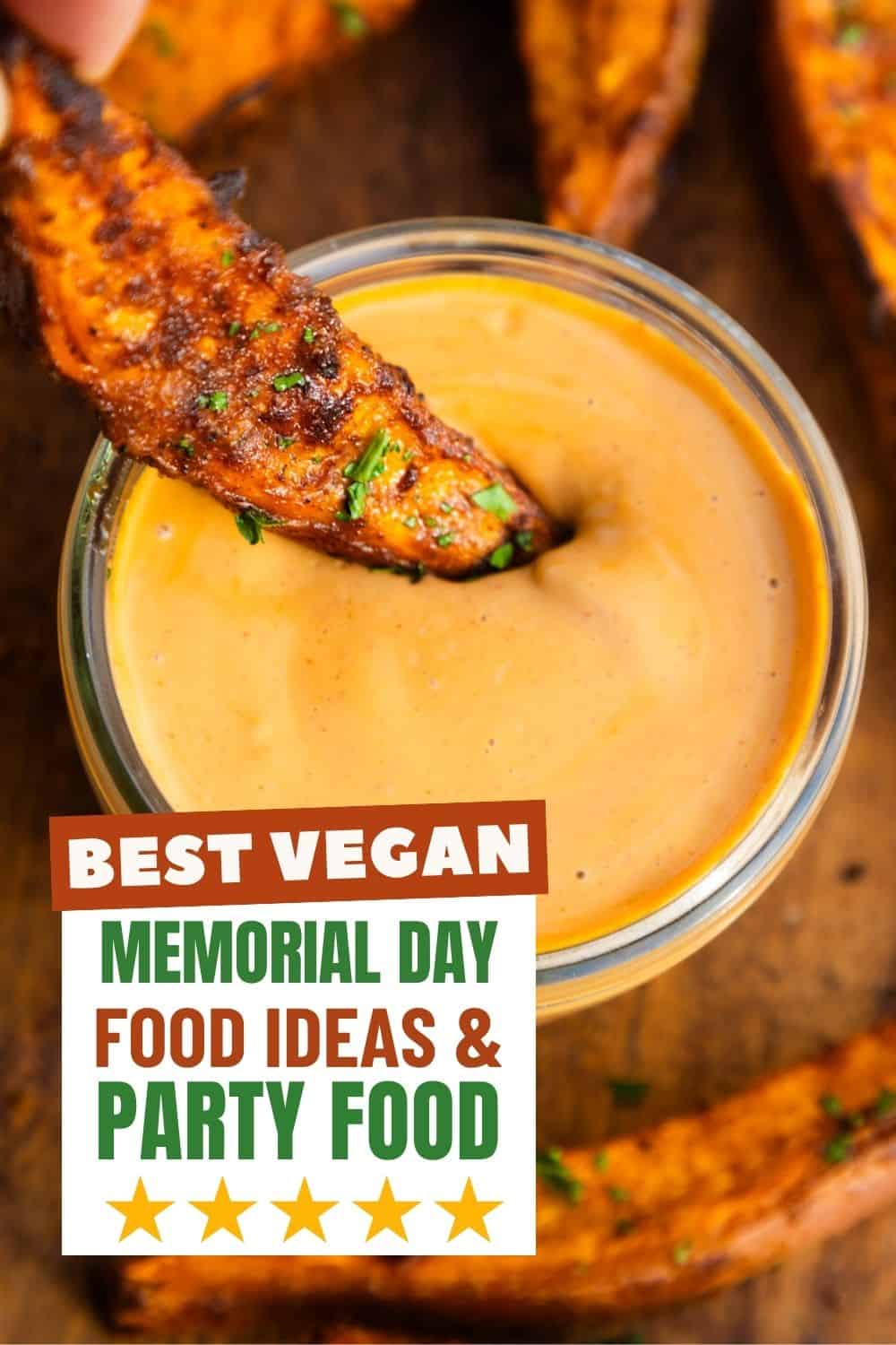 Vegan chipotle sauce in a bowl with crispy sweet potato wedges on the side.
