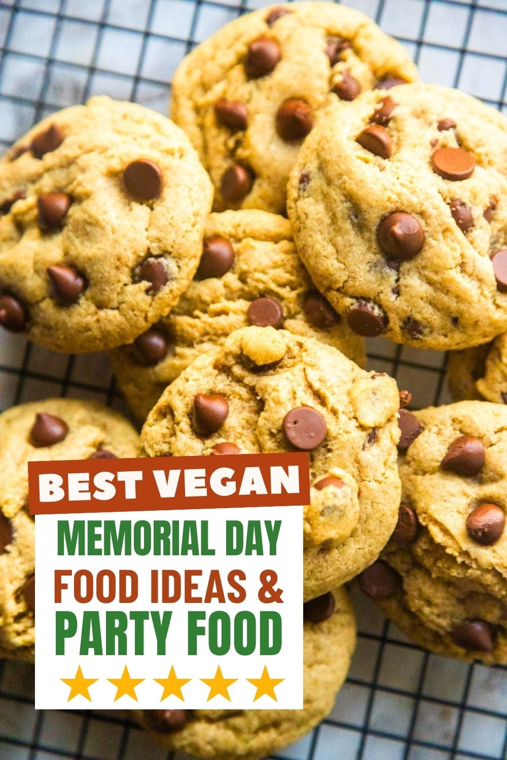 Vegan chocolate chip cookies on a wire rack.