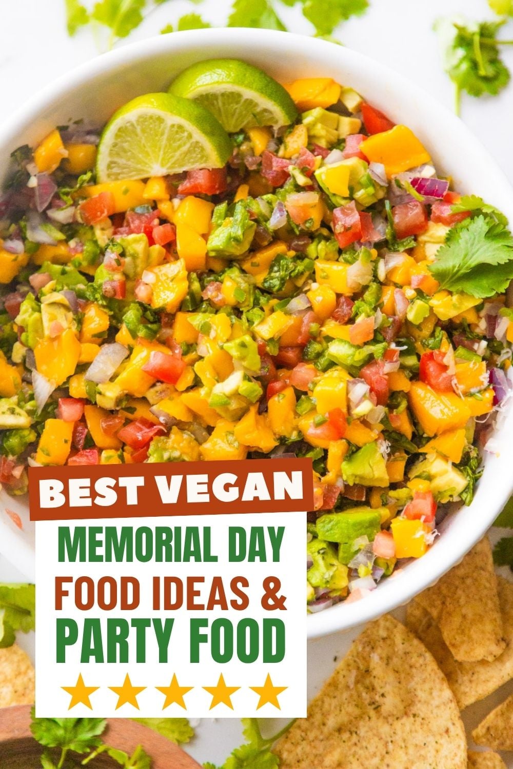 Mango avocado salsa in a bowl with chips and cilantro on the side.