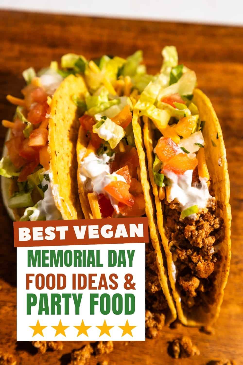 Three tacos with vegan tofu taco crumbles on a wooden board.