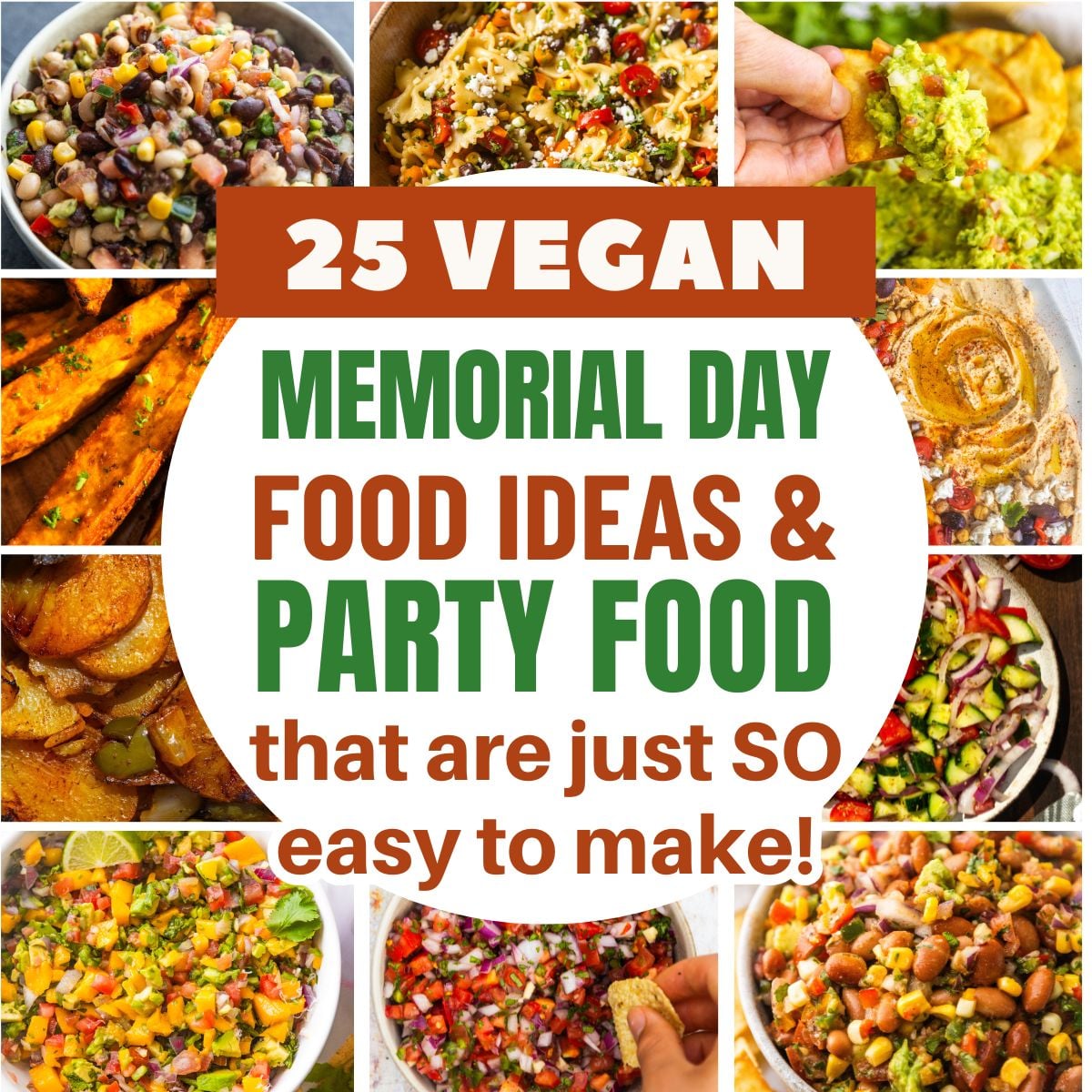 A collage of photos of vegan memorial day recipes.
