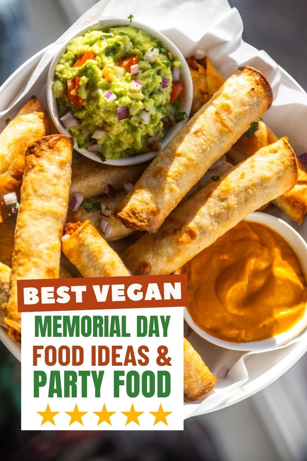Vegan taquitos in a bowl with guacamole and salsa on the side.