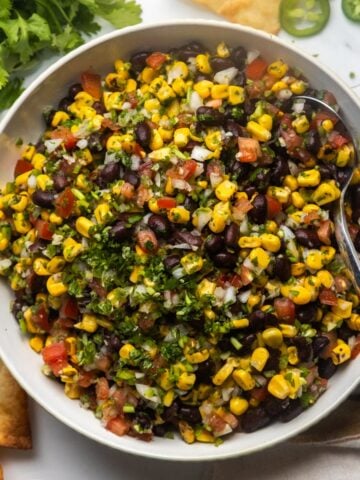 Black bean and corn salsa dip in a white bowl with chips and cilantro on the side.