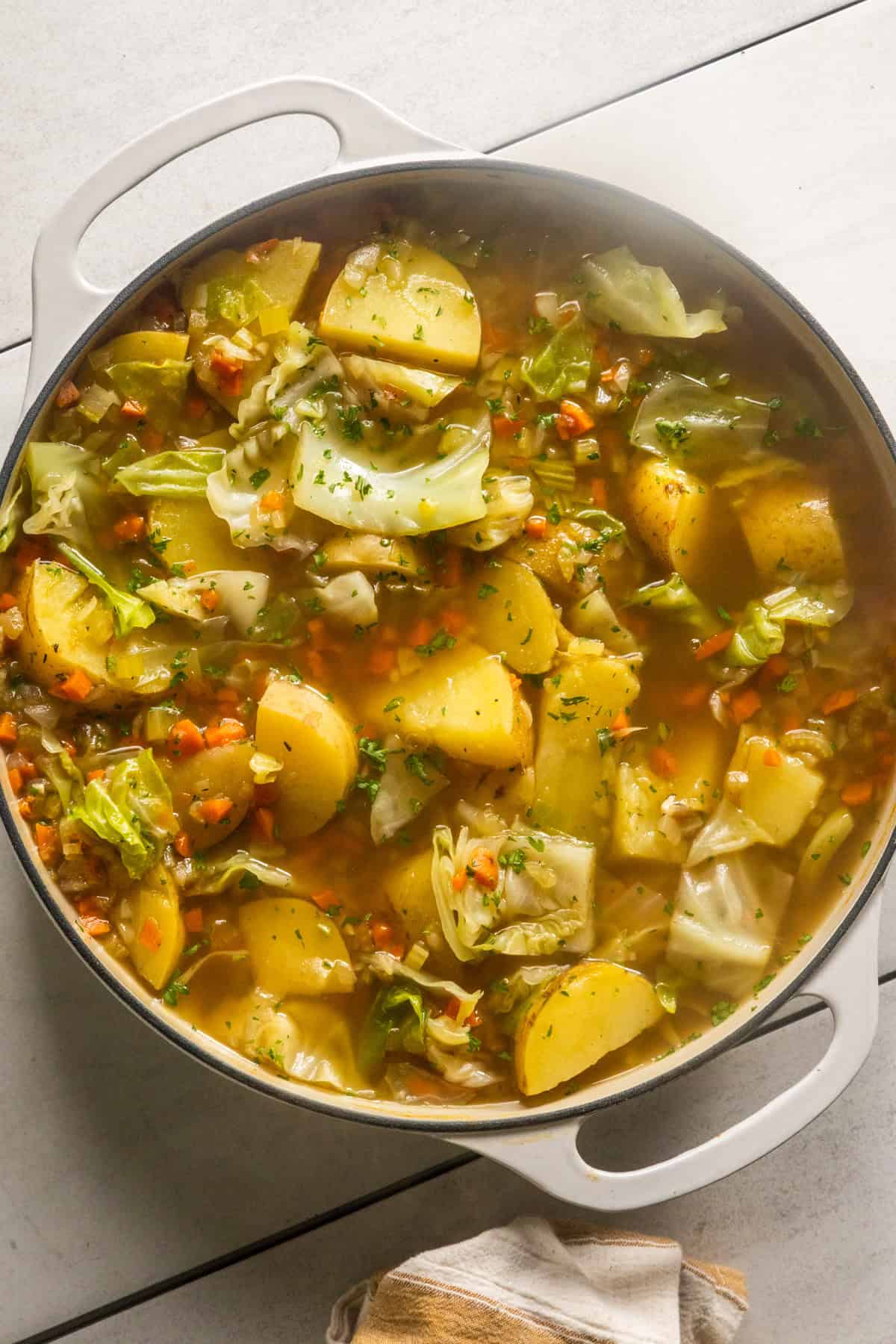 Finished vegan boiled dinner in a pot.