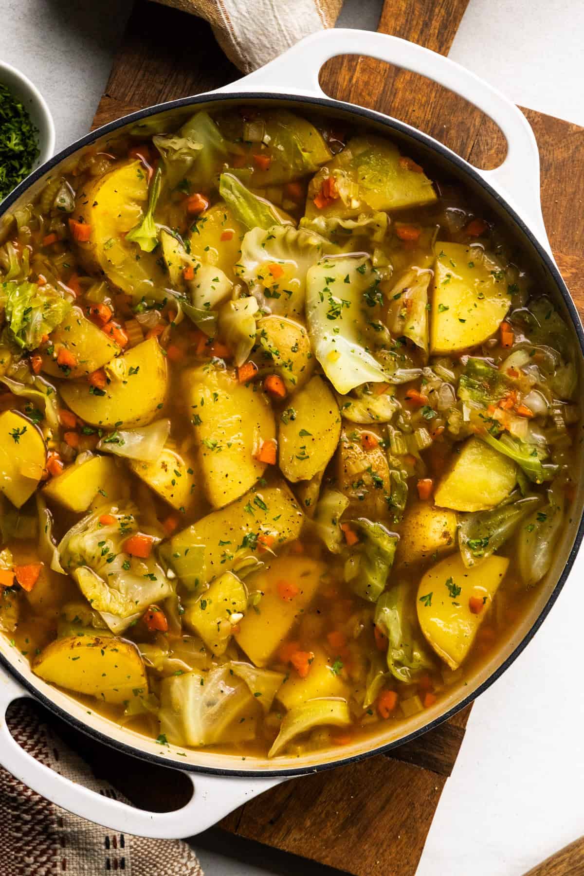 Vegan boiled dinner in a pot.